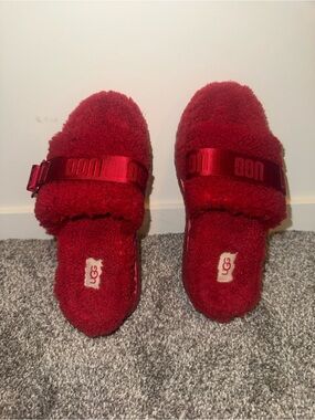 UGG Red Plush Slide Sandals with Branded Strap